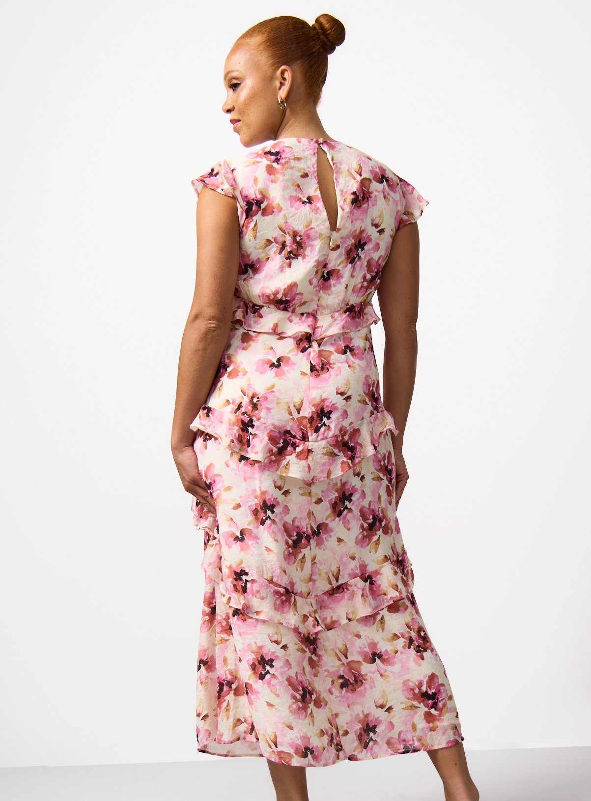 Pink Floral Print Ruffle Detail Midaxi Waisted Dress 16 - Image 4 thumbnail